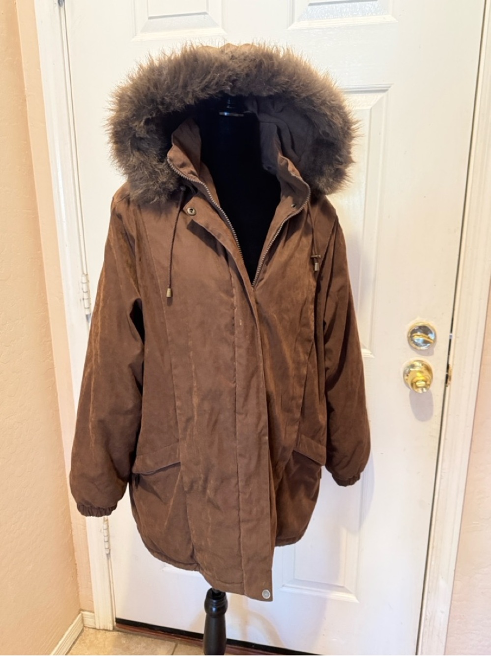 Classic Elements Brown Hooded Faux-Fur Trim Puffer Coat